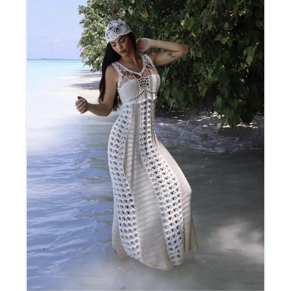 Zara Crochet Knit Maxi Dress Sleeveless Ivory Beige Beach Cover Up Medium